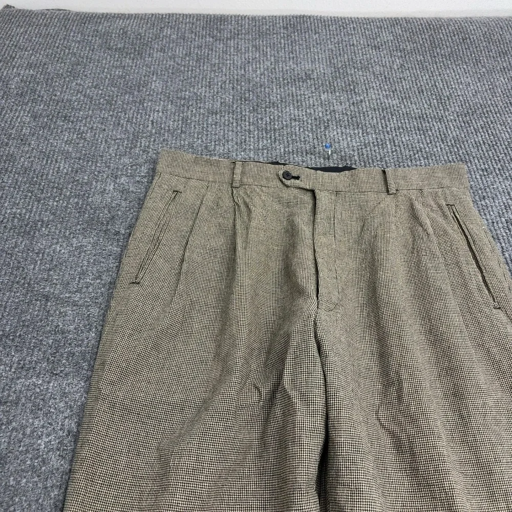 Louis Raphael Pants Men 36 Brown Linen Cotton Houndstooth Pleated Cuffed Vintage